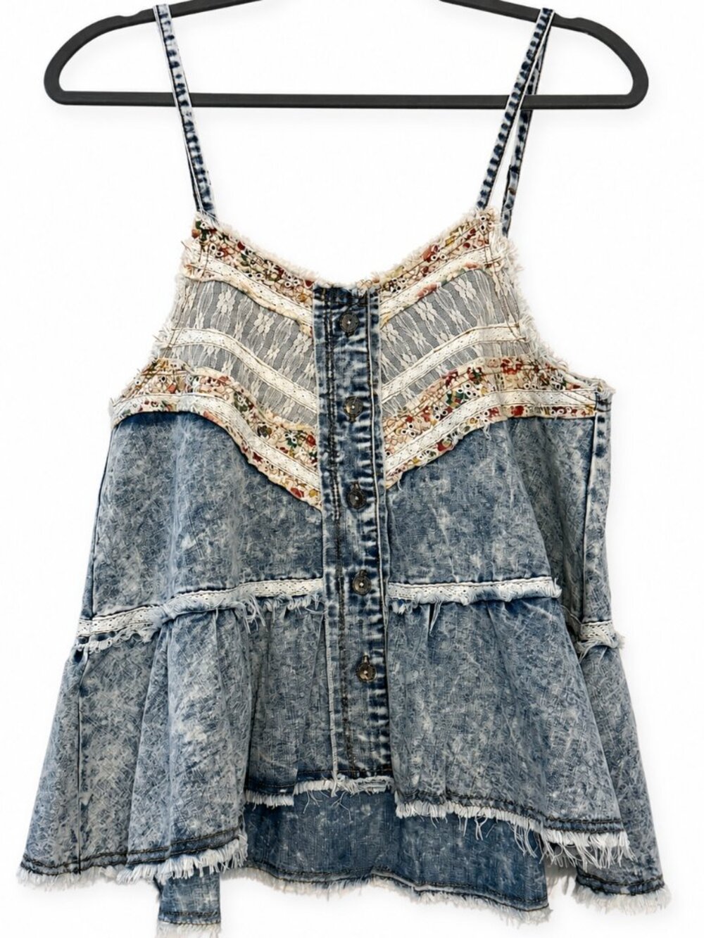 POL Washed Denim Lace Trim Tiered Flare Airy Bohemian Cami Babydoll Summer Top - Picture 5 of 9